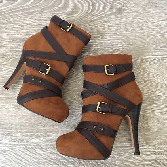 Liliana Shoes - Brown Black Multi Strap Buckle Heel Booties